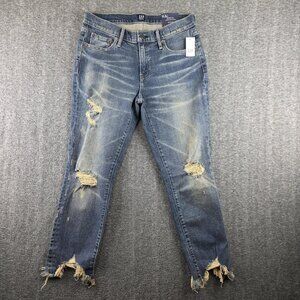Gap Best Girlfriend Jeans Womens 27 Blue Distressed Raw Hem Ankle Stretch Denim